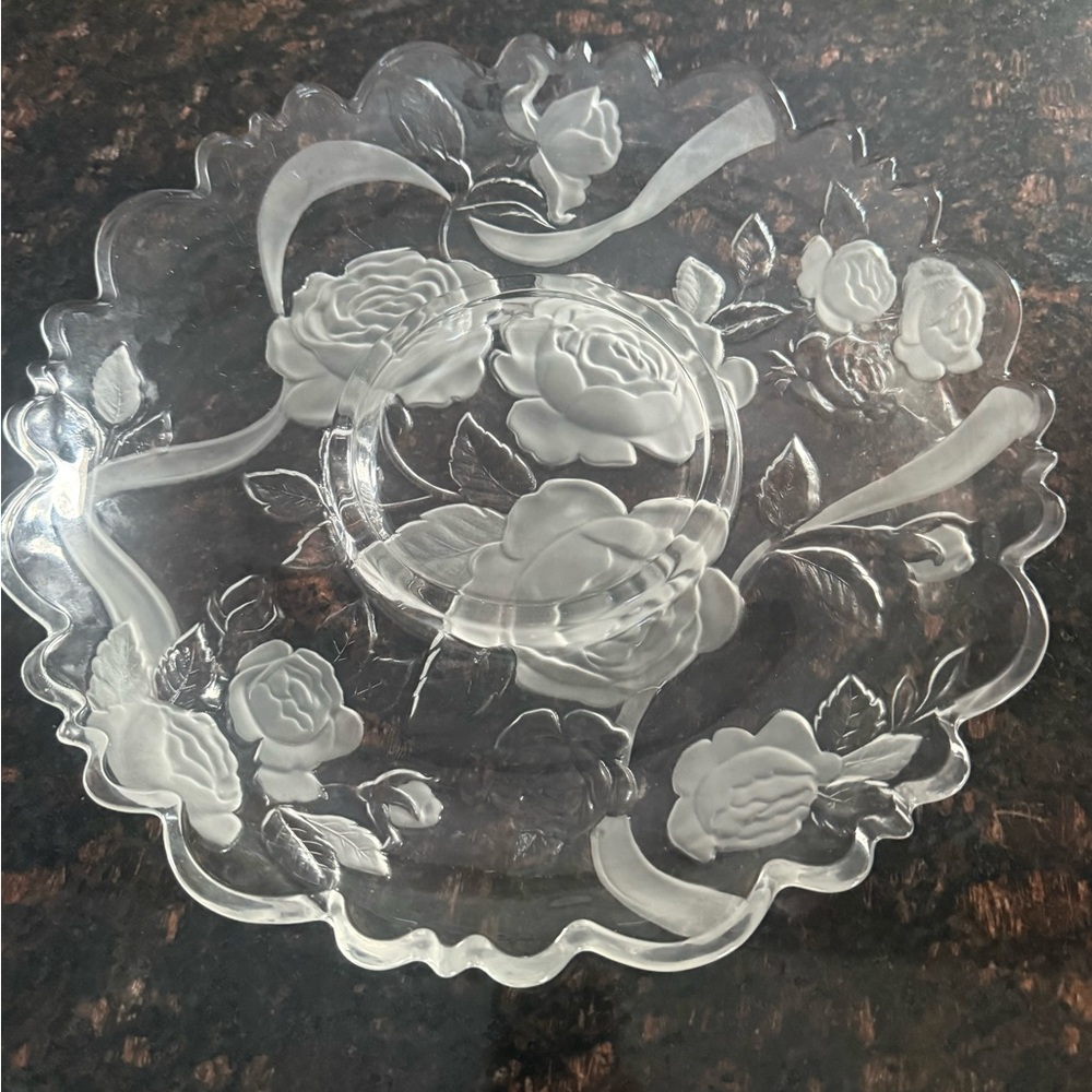 Vintage Frosted/Satined Rose Glass Chip & Dip Chrystal Platter, 14 x 5.5 in